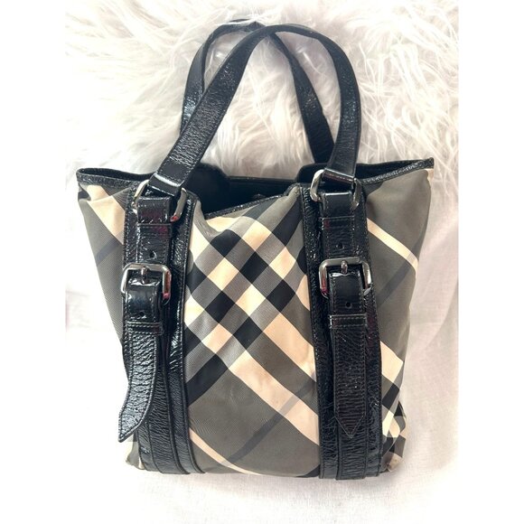Burberry Lowry Neat Nova Check Nylon & Patent Leather Tote Bag, Black Straps & B - Picture 2 of 16